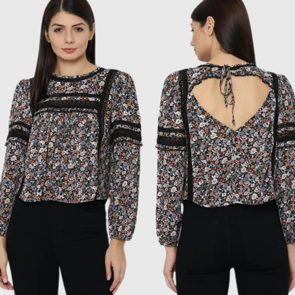American Eagle | Black Ditsy Floral Open-Back Flowy Boho Peasant Top